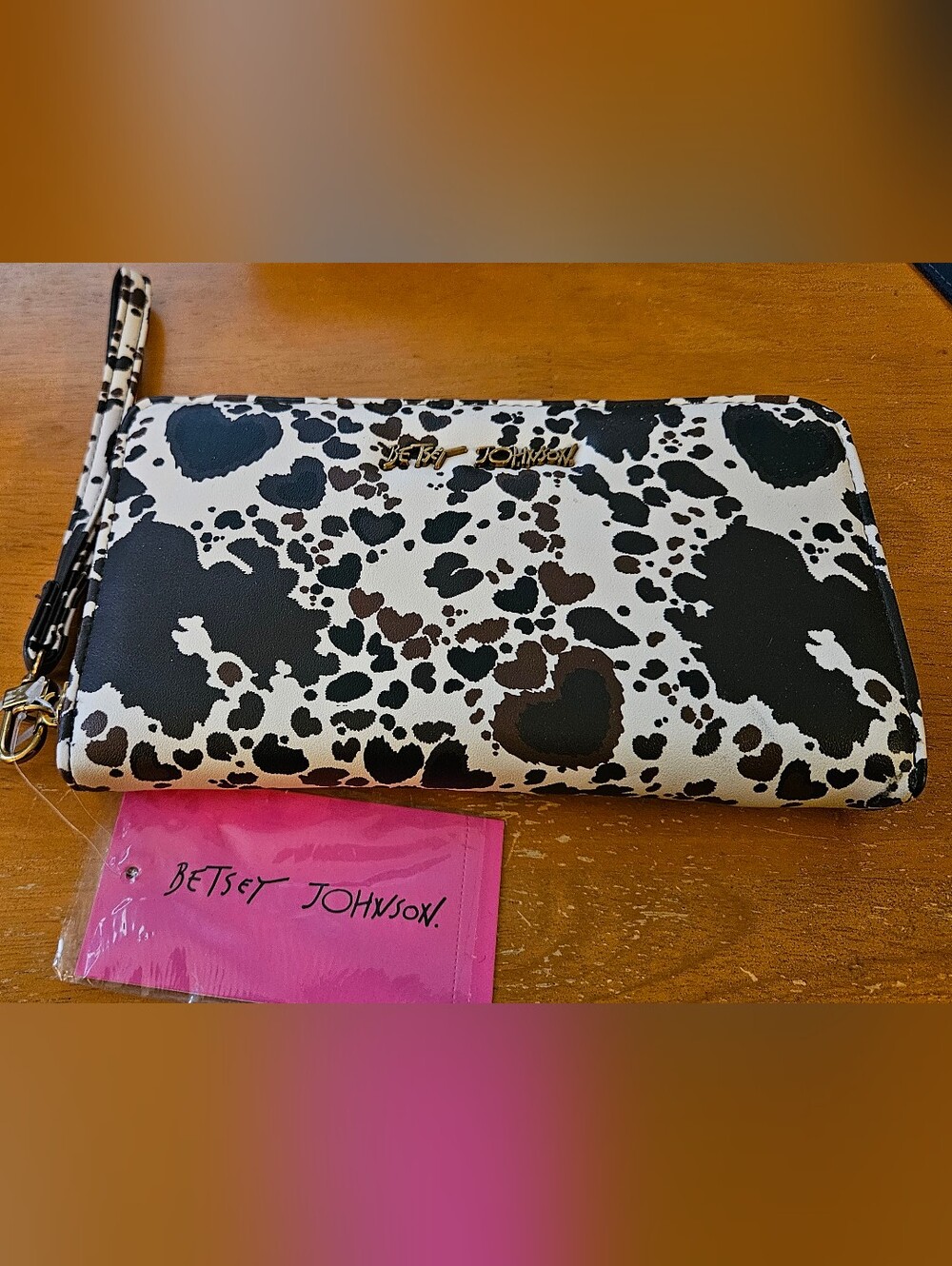 Betsey Johnson Brown and White Cow Print Wristlet Wallet
